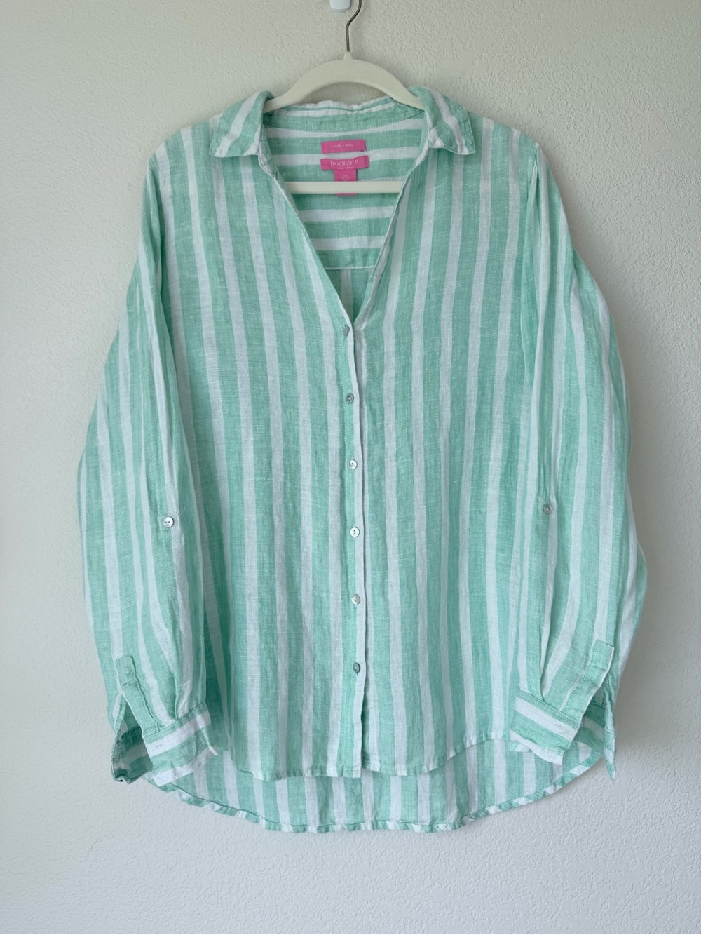 Isaac Mizrahi 100% Linen Mint Green White Striped Vneck Button Up Top L
